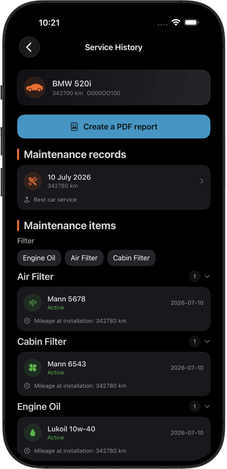 Vehicle service history screen